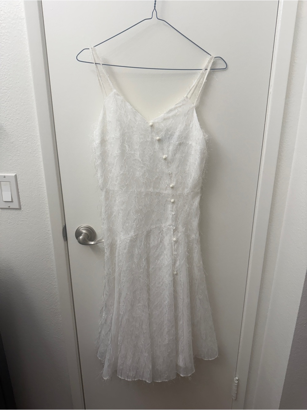 White Lace Midi Slip Dress with Pearl Button Detail